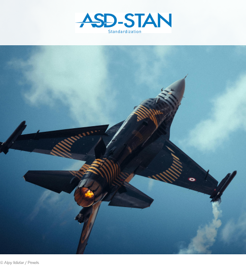 Cover picture of AST STAN, depicting a fighter plane in the sky. Up top is ASD STAN logo on a white rectangle