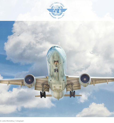 Cover picture of ICAO, showing a plane in the sky. Up top is the ICAO logo