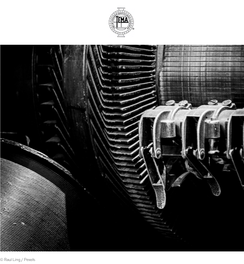 TEMA's cover picture featuring a heat engine with a plain white rectangle on top and TEMA's logo