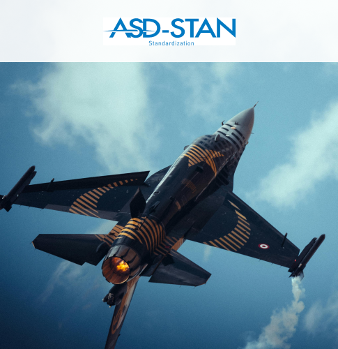 Cover picture of AST STAN, depicting a fighter plane in the sky. Up top is ASD STAN logo on a white rectangle
