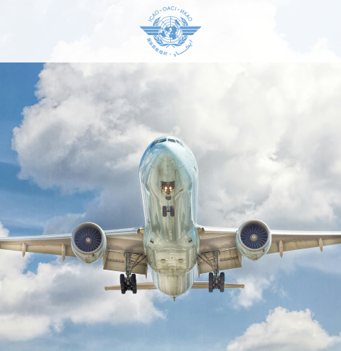 Cover picture of ICAO, it shows a plane in the sky. Up top is the ICAO logo