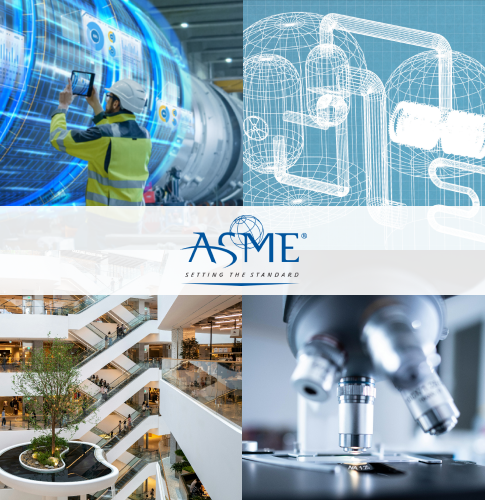 ASME's cover picture includes 4 images: top left corner is a boiler, top right is a nuclear plant plan, bottom left are elevators and bottom right is a microscope. In the center is the ASME logo